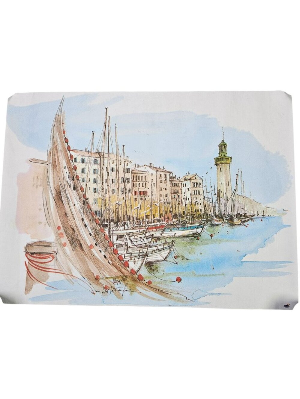 Saint-Tropez, France Port Scene Watercolor Print Tourist Art 15x11" Lighthouse
